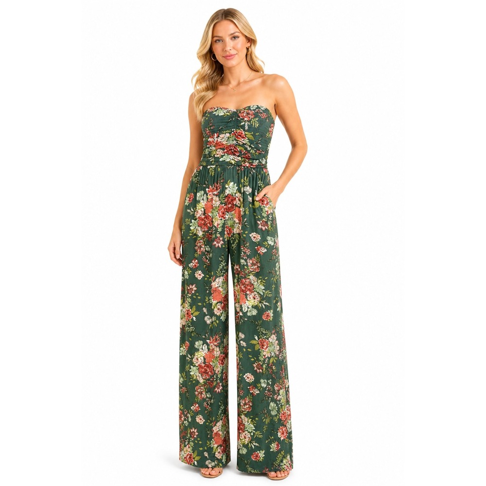 BOG Collective Women Jumpsuit L Green Floral Smocked Boho‎ Wide Leg Cotton
